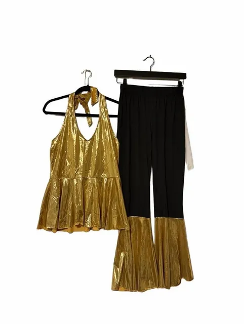 Metallic Gold And Black Disco Halter Top And Bell Bottom Pants Set