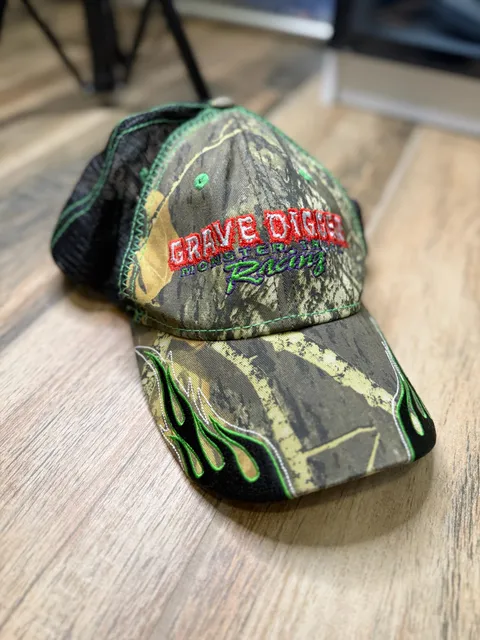 Monster Jam Grave Digger Racing Flames Camo Mesh Trucker Hat