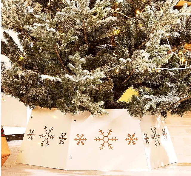 HarcoHome Metal Christmas Tree Collar with 3D Snowflake Authentic, Hexagon Heavy-Duty Iron Tree Base Cover for Pencil Tree, Tree Ring, Tree Skirt for Xmas Decor (Cream with Gold Flakes) : Home