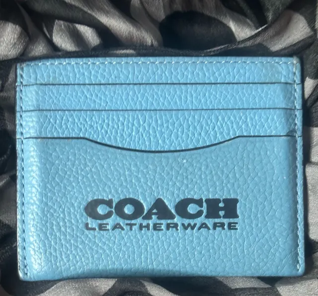 COACH leatherworks blue card wallet with center opening.  Color block line.