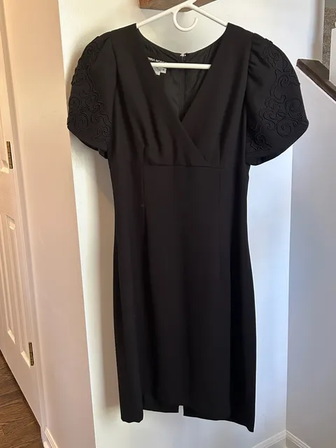 Donna Morgan Black Dress Size 4 Embroidered Short Sleeve V-Neck