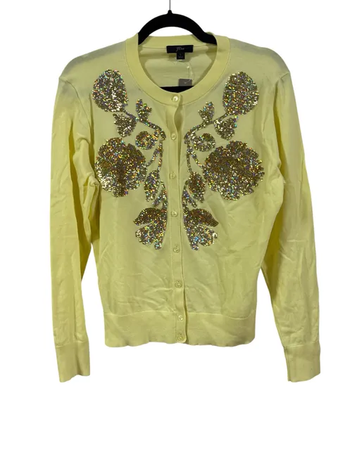 NWT J.Crew Cardigan Sweater Size L Yellow Sequin Floral Embellished New