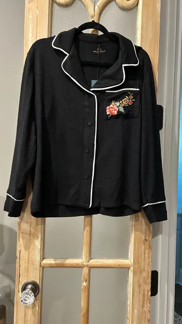 PJ Shirt and Pant set. Size L Black Floral Embroidered Long Sleeve Top