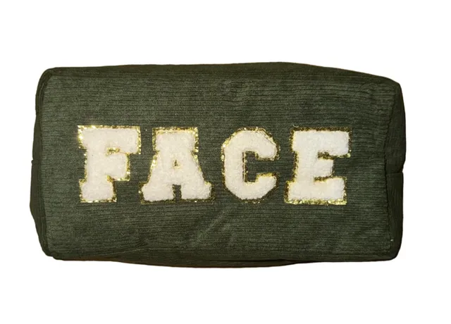 Face Corduroy Makeup Pouch Green Gold Letters
