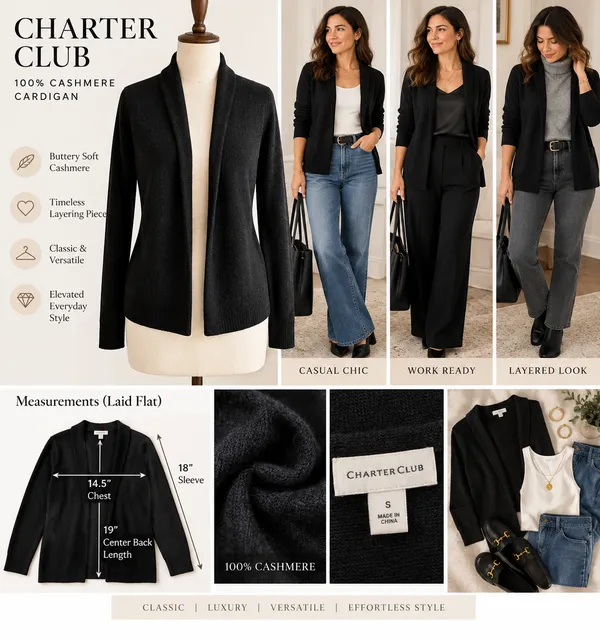 Charter Club Cashmere Sweater Size Petite S Black 100% Cashmere Open Front