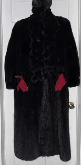 Vintage Black Mink Fur Coat Long Winter Jacket Scarf Earmuffs Gloves Set