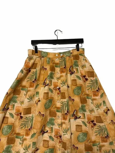 Vintage Butterfly Leaf Print Button Front Midi Skirt