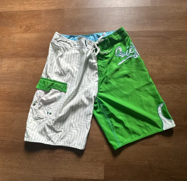 Quiksilver Board Shorts Green White Geometric Surf Swim Trunks