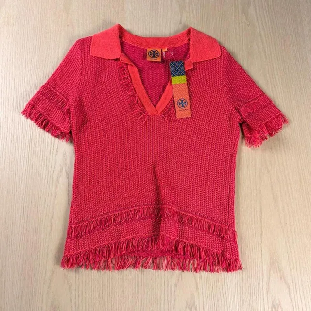 Tory Burch Fringe Knit Polo Top Size S Pink Short Sleeve