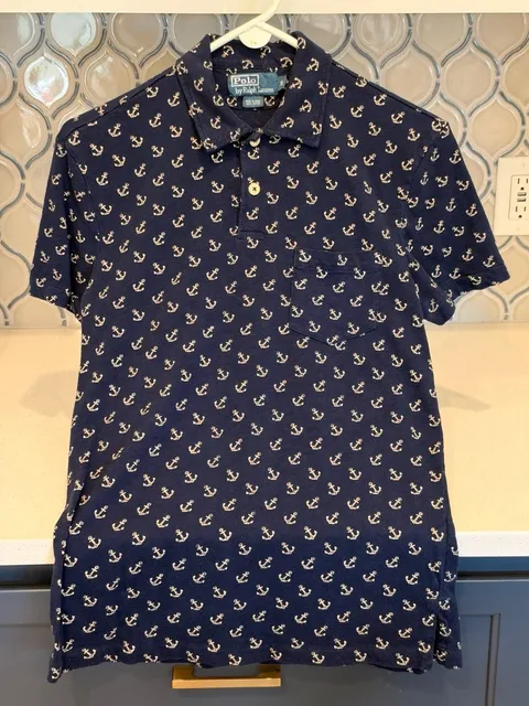 Polo By Ralph Lauren Anchor Print Polo Shirt Size S Blue Cotton
