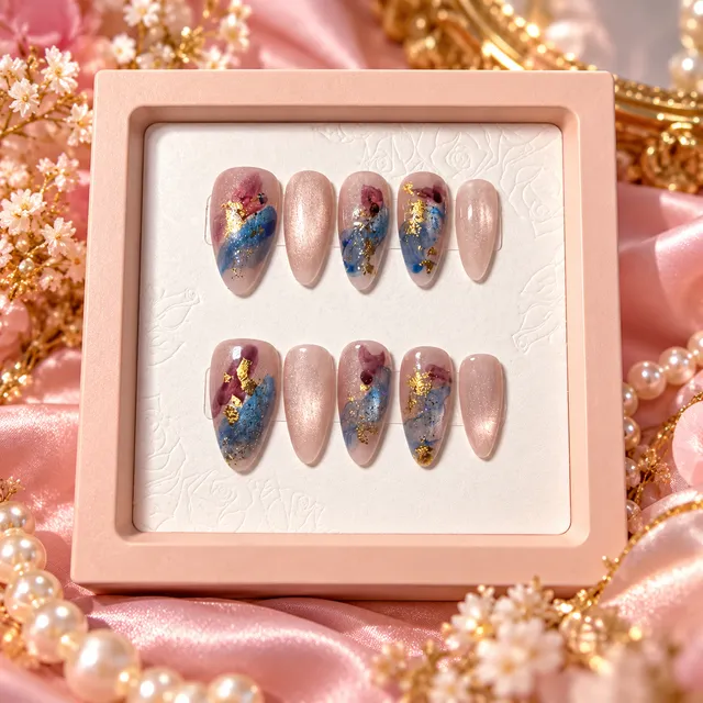 NV Luxe Reusable Press On Nails #034 Unique Marble Medium Long Almond