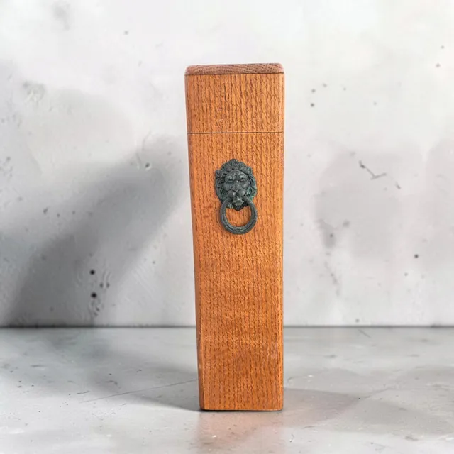 Vintage Oak Fireplace Match Box With Brass Lion Door Knocker
