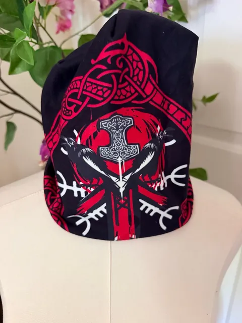 Norse Viking Thor's Hammer Raven Slouchy Beanie Black Red Graphic Hat