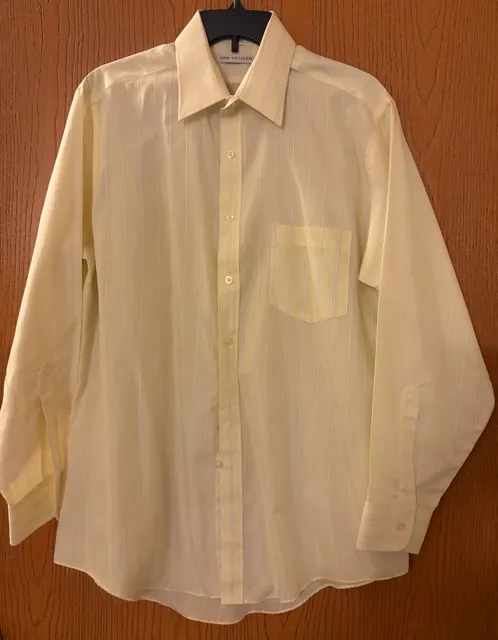 Van Heusen Striped Dress Shirt Size 16-32/33 Yellow Single Needle