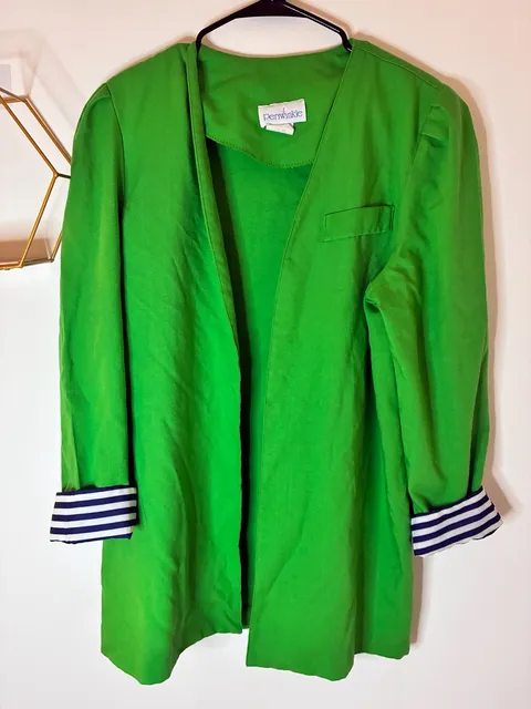  Periwinkle Green Blazer Jacket Women’s Size 14 Striped Cuffs Made in USA