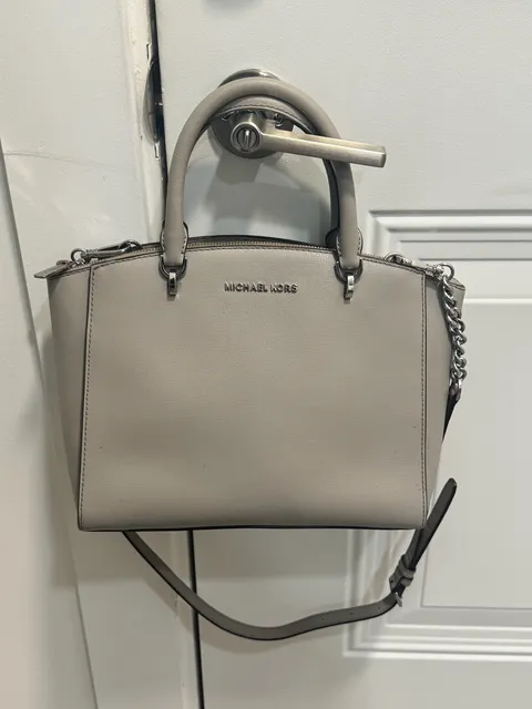 Michael Kors Large Leather Satchel Crossbody Bag Light Gray Silver Hardware