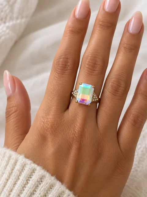 Gold Tone Aurora Borealis Crystal Rhinestone Statement Ring Size 7