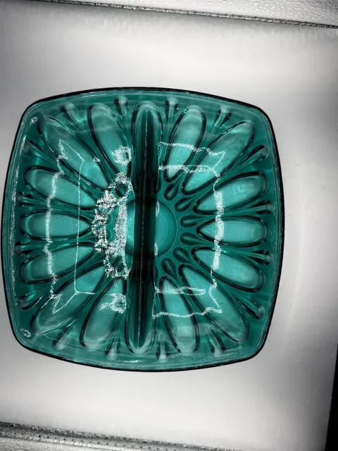 Vintage Teal Glass Divided Dish 7 Inches