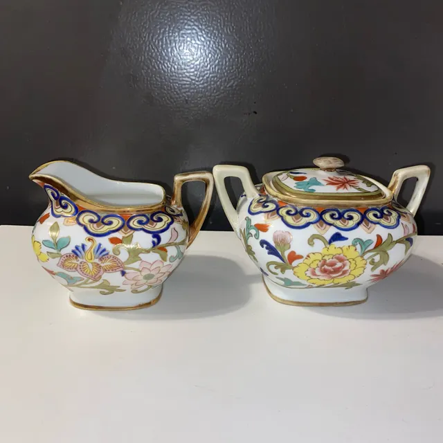 Nippon Hand Painted Sugar Bowl and Creamer Set Floral Imari