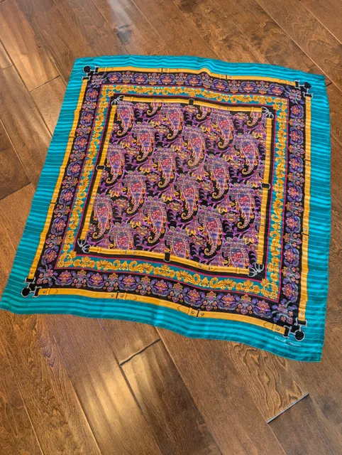 Daniel Alberini Silk Scarf 34x34 Turquoise Gold Paisley Print