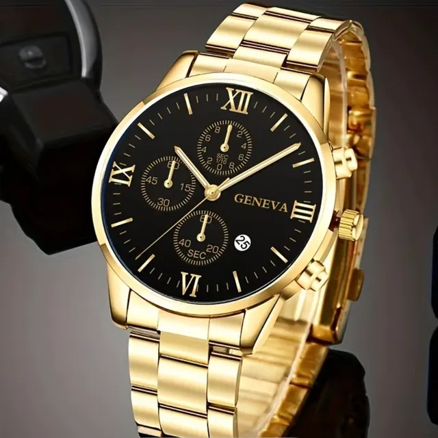 Geneva Gold Quartz Watch Black Dial Roman Numerals