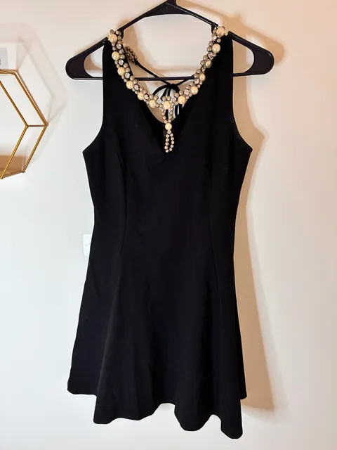 Black Pearl & Rhinestone Embellished Sleeveless Fit & Flare Dress M
