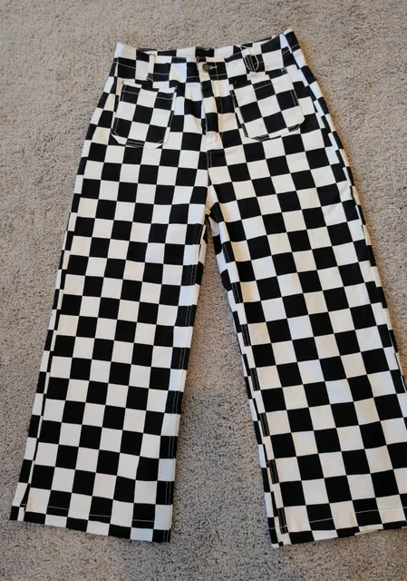Jeans Checkered Straight Leg Pants Size 8 Black White High Waisted