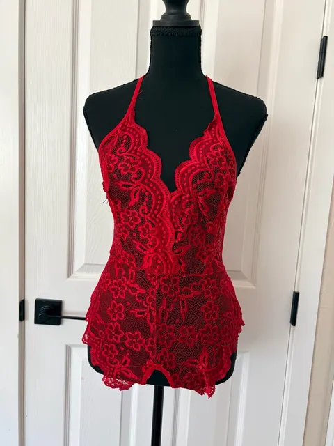 Red Lace Halter Teddy Bodysuit Open Back Lingerie (183)