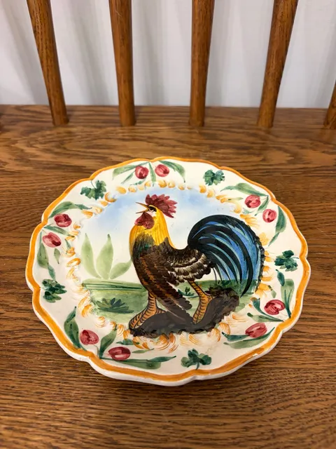 Italian Majolica Hand Painted Rooster Scalloped Plate 7 Inches
