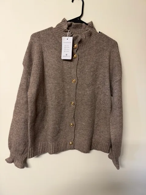 MEROKEETY Cardigan Sweater Brown Gold Buttons