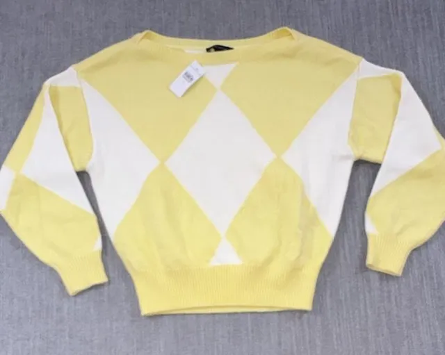Ann Taylor Argyle Sweater Size S Yellow White Long Sleeve Pullover New