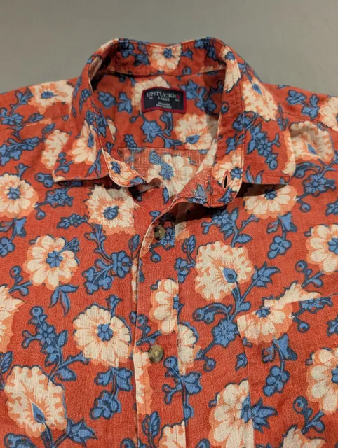 UNTUCKit Short Sleeve 100% Linen Shirt Size Large Red Blue Floral Print