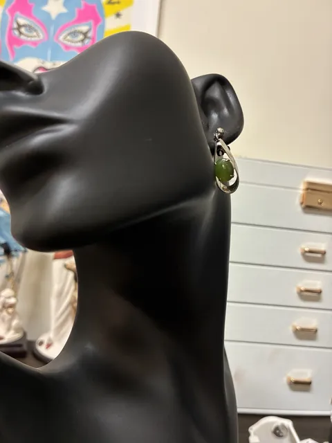 Vintage 1970s Modernist Silver Tone Green Jade Cabochon Drop Earrings