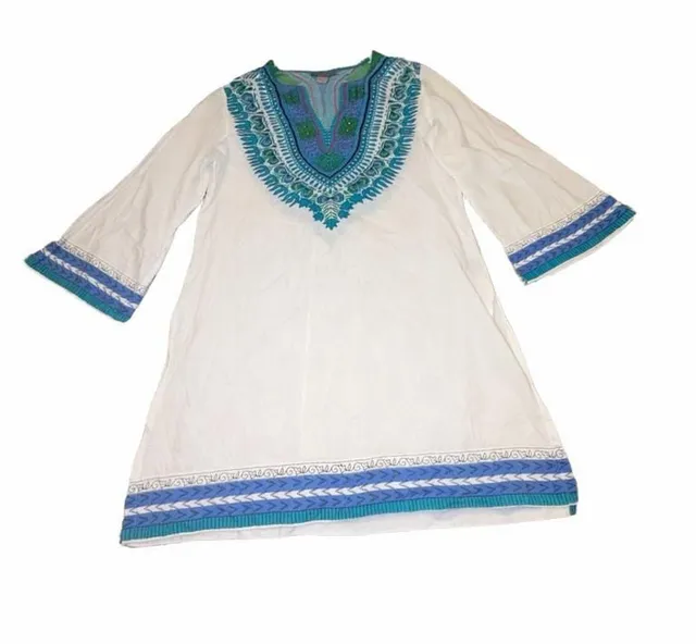 Peppermint Bay Cotton Dashiki Tunic Dress M Blue Green Boho
