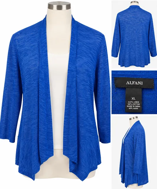 NWT Alfani Women’s XL Blue Linen Blend Open Front Waterfall Cardigan Lightweight
