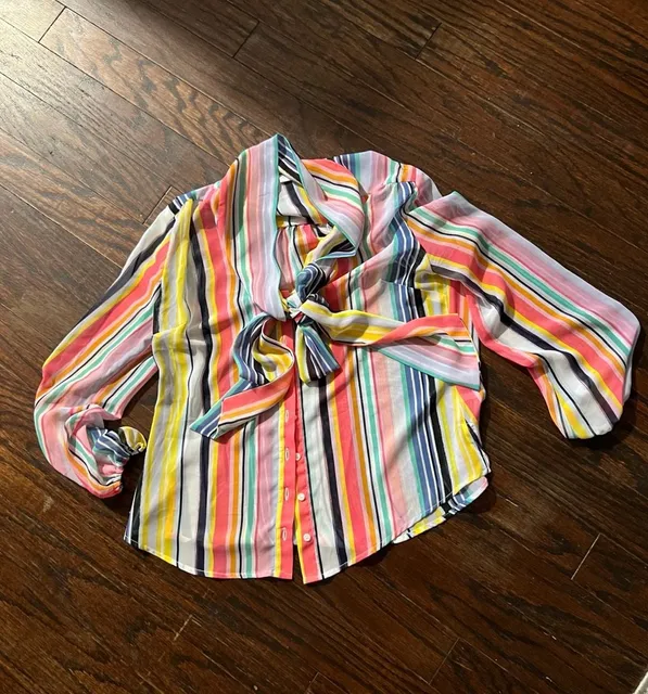 New York & Company Multi Stripe Blouse Size L Petite Multi Color