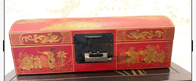 Antique Chinese Red And Gilt Leather Scroll Document Box Chest