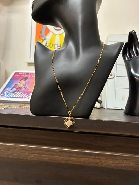 Upcycled Stainless Steel Gold Tone Mother of Pearl Rose Heart Pendant Necklace