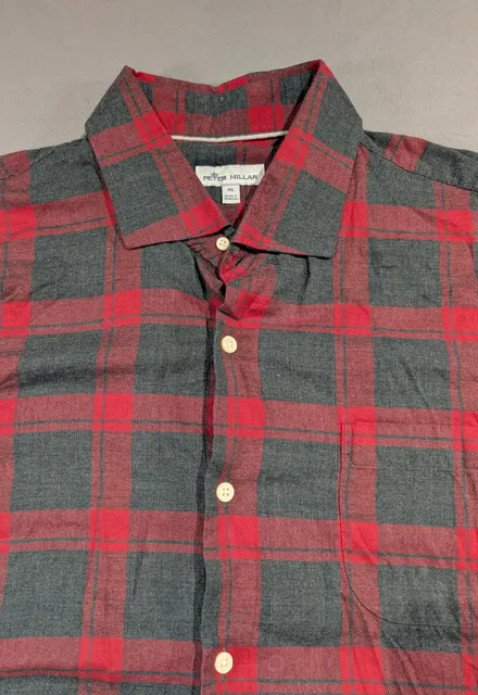 Peter Millar Plaid Flannel Button Up Shirt Size XL Red Gray