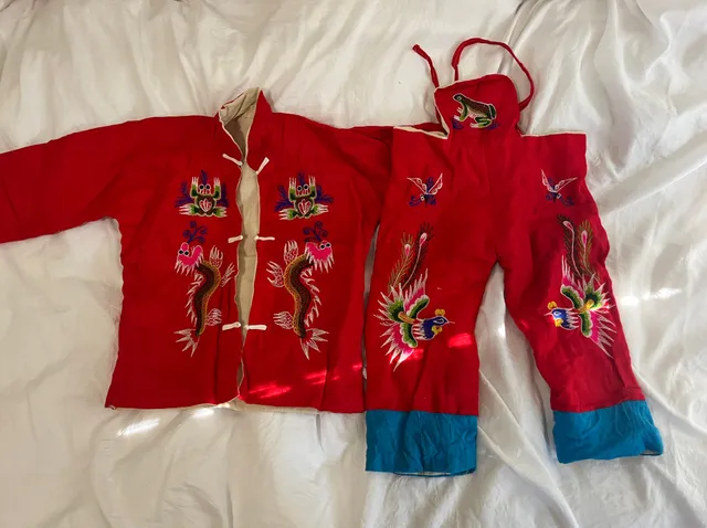 Vintage Chinese Embroidered Red Dragon & Phoenix Children 2-Piece Outfit