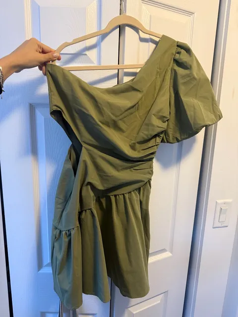 One Shoulder Puff Sleeve Cutout Mini Dress Olive Green