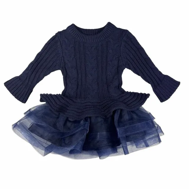 Bonnie Baby Knit Dress Size 12M Navy Blue Cable knit Tulle