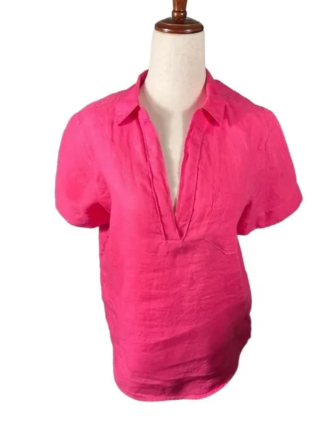 J. Crew Popover Linen Short Sleeve Shirt Size XS Pink h1596