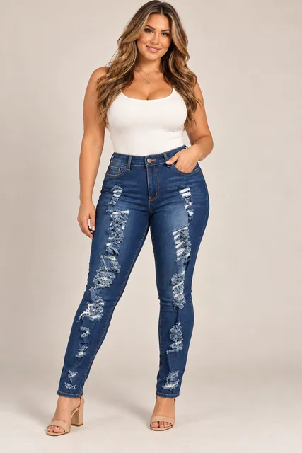 Fashion Nova Heavy Ripped Distressed Skinny Jeans Size L Blue Denim