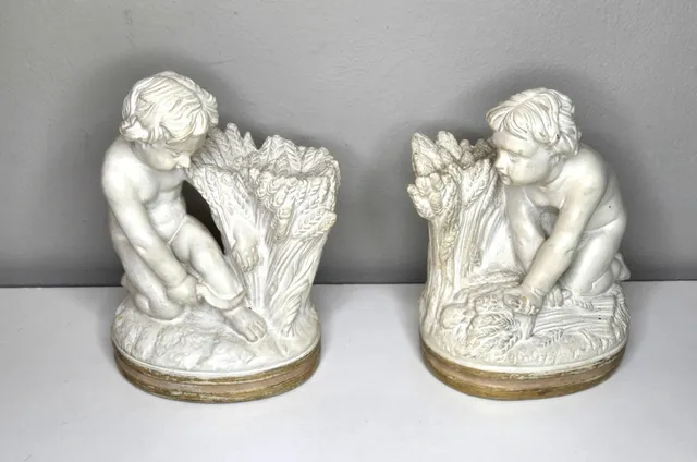 Vintage BORGHESE Niepolds ~ Chalk Putti Bookends ~ Cherubs Harvesting Wheat
