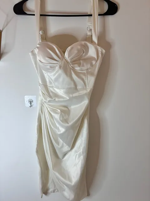 LEAU Ivory Satin Ruched Bustier Cinched Dress Size Small