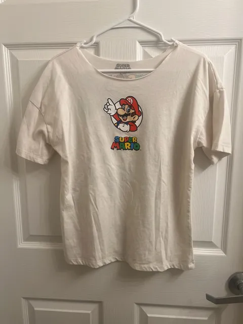 Super Mario Graphic T-Shirt XL White Nintendo Character Grid DYI Cut Neckline