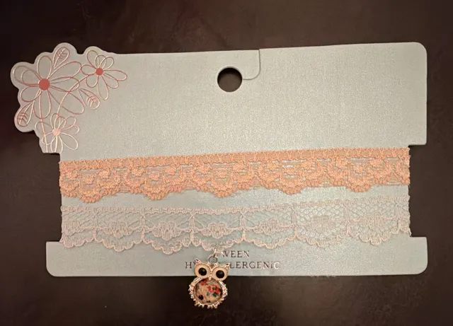 Owl Pendant Lace Choker Necklace Peach Pink And White