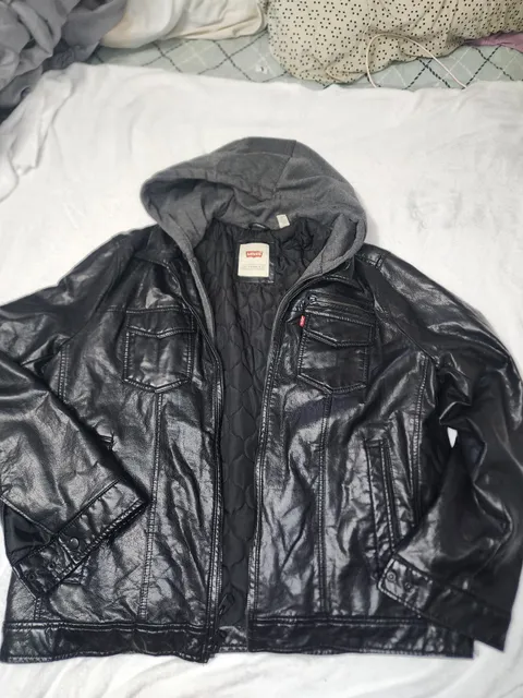 Levi's Faux Leather Hooded Trucker Jacket XL Black