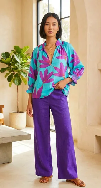 Karlie Floral Print Blouse Size S Blue Purple V-Neck Puff Sleeve Sz Small